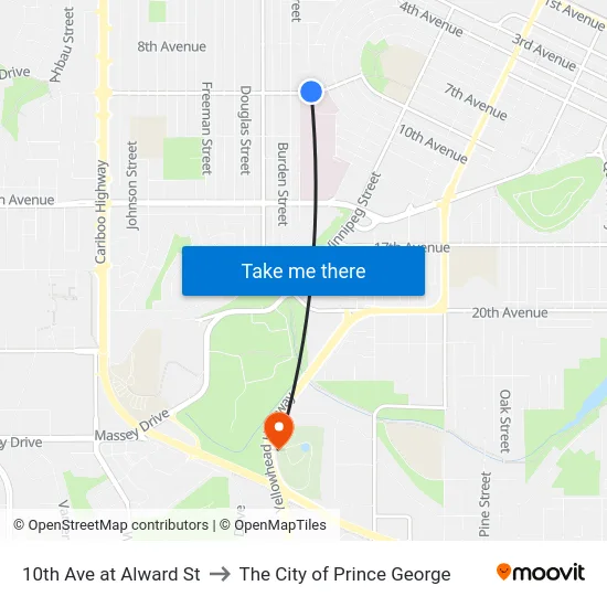 10th Ave at Alward St to The City of Prince George map