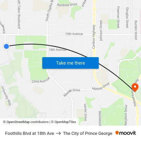 Foothills Blvd at 18th Ave to The City of Prince George map