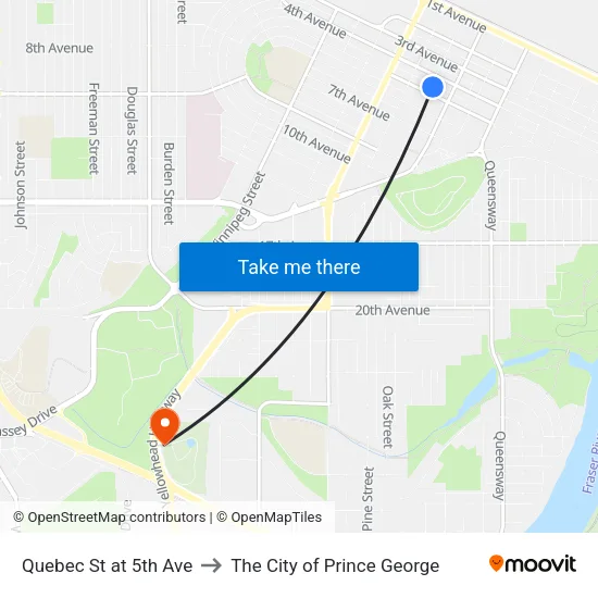Quebec St at 5th Ave to The City of Prince George map