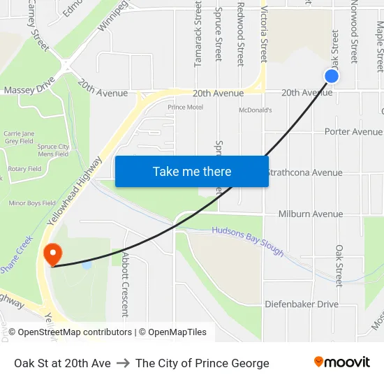 Oak St at 20th Ave to The City of Prince George map