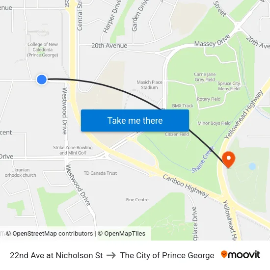 22nd Ave at Nicholson St to The City of Prince George map