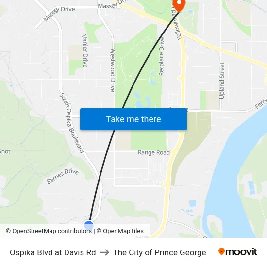 Ospika Blvd at Davis Rd to The City of Prince George map