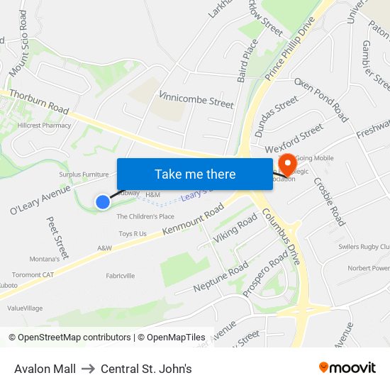 Avalon Mall to Central St. John's map