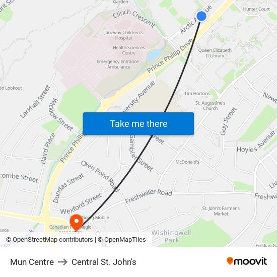 Mun Centre to Central St. John's map