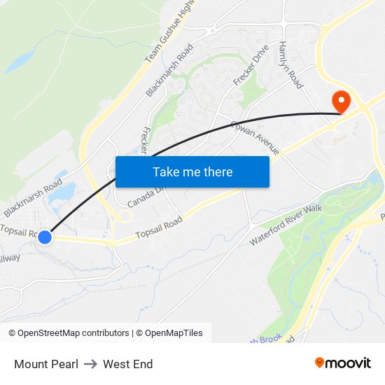 Mount Pearl to West End map