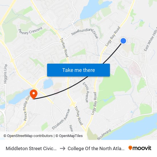 Middleton Street Civic 27 to College Of the North Atlantic map