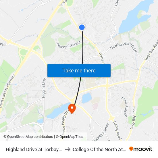 Highland Drive at Torbay Road to College Of the North Atlantic map