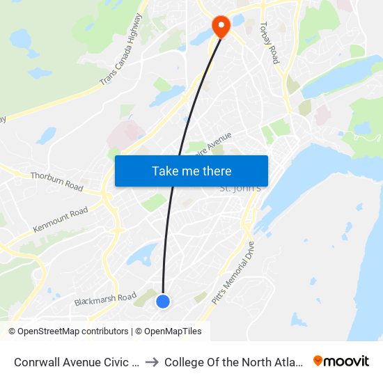 Conrwall Avenue Civic 65 to College Of the North Atlantic map