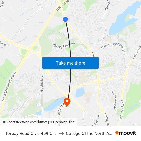 Torbay Road Civic 459 City Tire to College Of the North Atlantic map