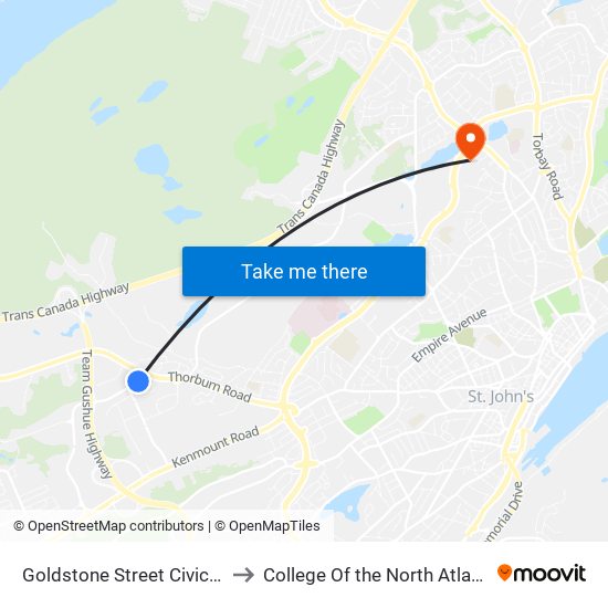 Goldstone Street Civic 22 to College Of the North Atlantic map