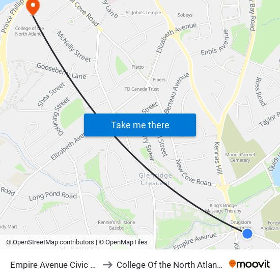 Empire Avenue Civic 15 to College Of the North Atlantic map