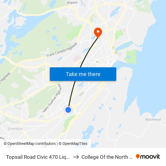 Topsail Road Civic 470 Liquor Store to College Of the North Atlantic map