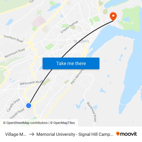 Village Mall to Memorial University - Signal Hill Campus map