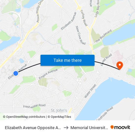 Elizabeth Avenue Opposite Arts And Administration Building to Memorial University - Signal Hill Campus map