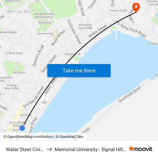 Water Steet Civic 351 to Memorial University - Signal Hill Campus map