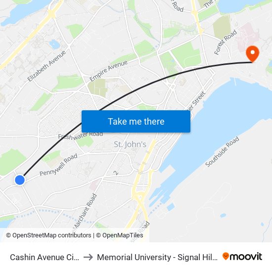 Cashin Avenue Civic 52 to Memorial University - Signal Hill Campus map