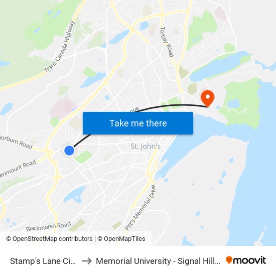 Stamp's Lane Civic 64 to Memorial University - Signal Hill Campus map