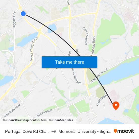 Portugal Cove Rd  Chancellor Park to Memorial University - Signal Hill Campus map