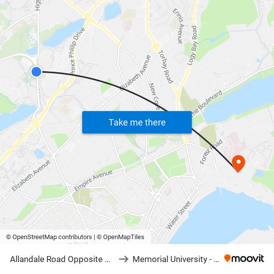 Allandale Road Opposite Confederation Building to Memorial University - Signal Hill Campus map