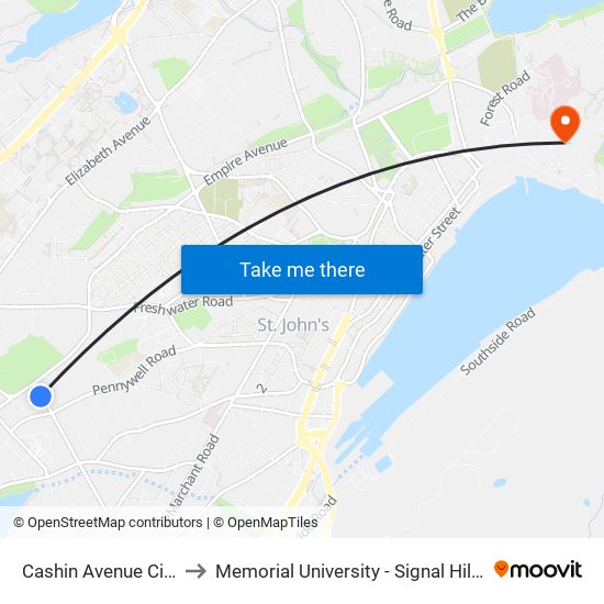 Cashin Avenue Civic 65 to Memorial University - Signal Hill Campus map