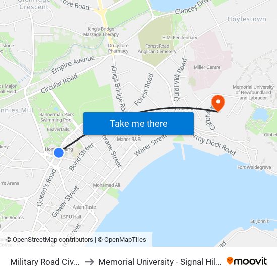 Military Road Civic 113 to Memorial University - Signal Hill Campus map