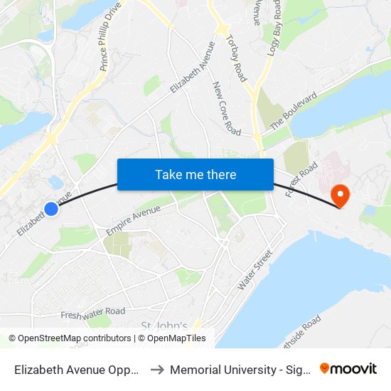 Elizabeth Avenue Opposite Civic 225 to Memorial University - Signal Hill Campus map