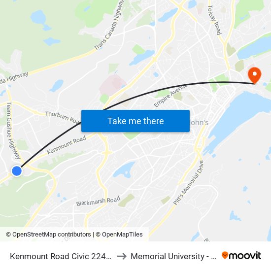 Kenmount Road Civic 224 Ornamental Concrete to Memorial University - Signal Hill Campus map