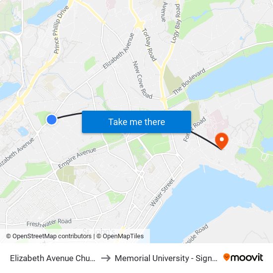 Elizabeth Avenue Churchill Square to Memorial University - Signal Hill Campus map