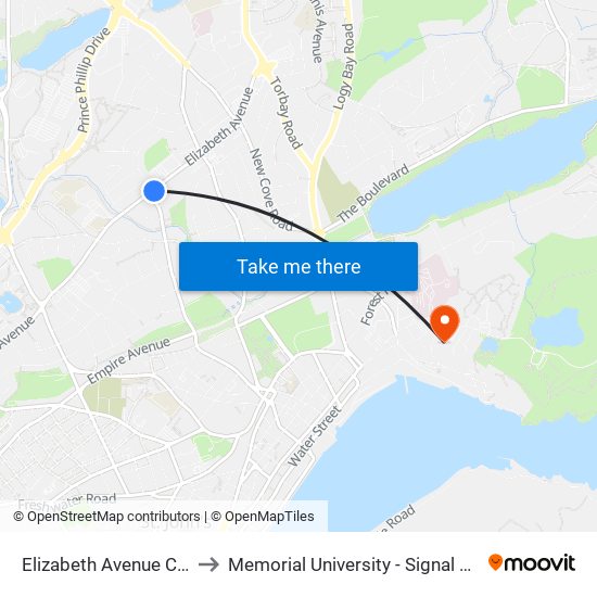 Elizabeth Avenue Civic 117 to Memorial University - Signal Hill Campus map