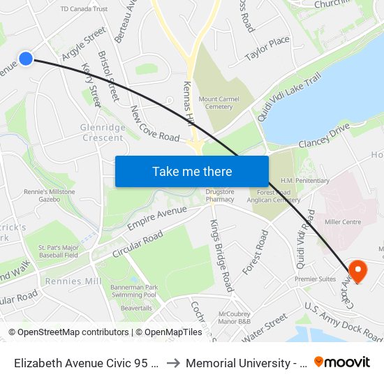 Elizabeth Avenue Civic 95 English School District to Memorial University - Signal Hill Campus map