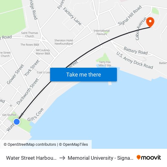 Water Street Harbourside Park to Memorial University - Signal Hill Campus map