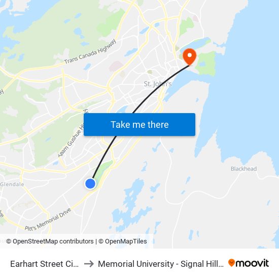 Earhart Street Civic 25 to Memorial University - Signal Hill Campus map