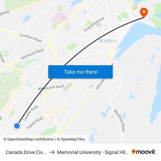 Canada Drive Civic 167 to Memorial University - Signal Hill Campus map