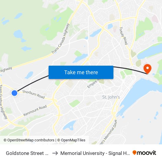 Goldstone Street Civic 22 to Memorial University - Signal Hill Campus map