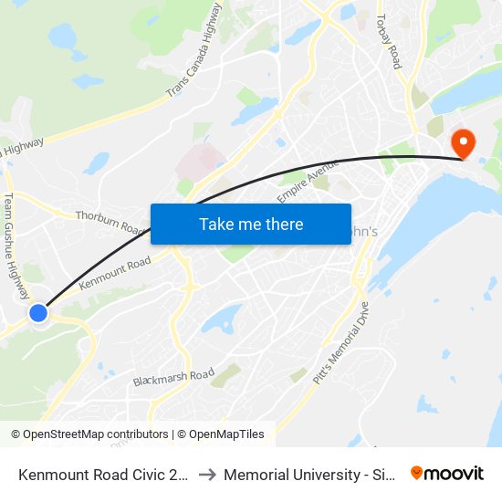 Kenmount Road Civic 275 Tim Hortons to Memorial University - Signal Hill Campus map