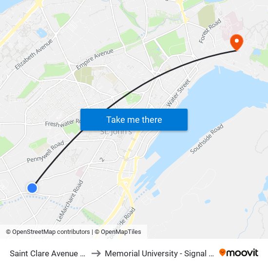 Saint Clare Avenue Civic 160 to Memorial University - Signal Hill Campus map