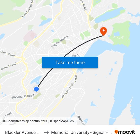 Blackler Avenue Civic 12 to Memorial University - Signal Hill Campus map