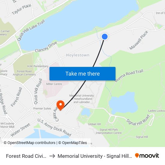 Forest Road Civic 179 to Memorial University - Signal Hill Campus map