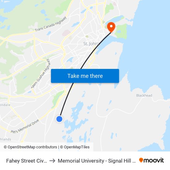 Fahey Street Civic 75 to Memorial University - Signal Hill Campus map