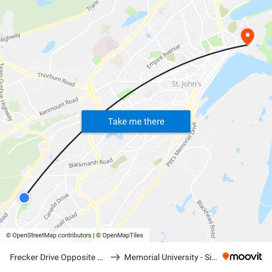 Frecker Drive Opposite Bellevue Crescent to Memorial University - Signal Hill Campus map