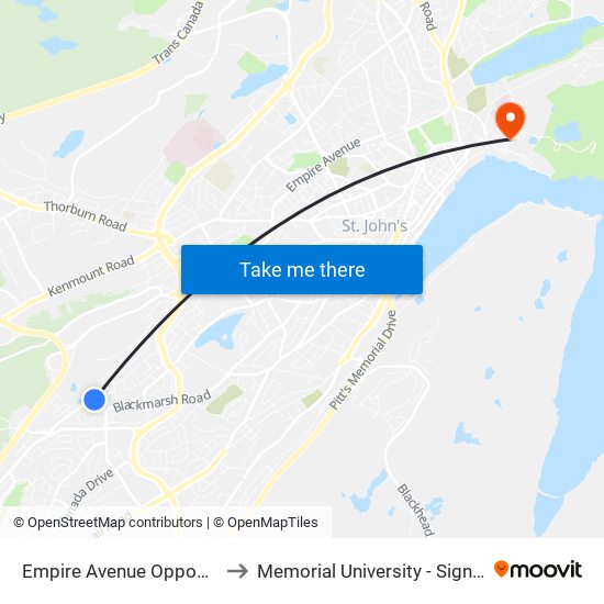 Empire Avenue Opposite Civic 711 to Memorial University - Signal Hill Campus map