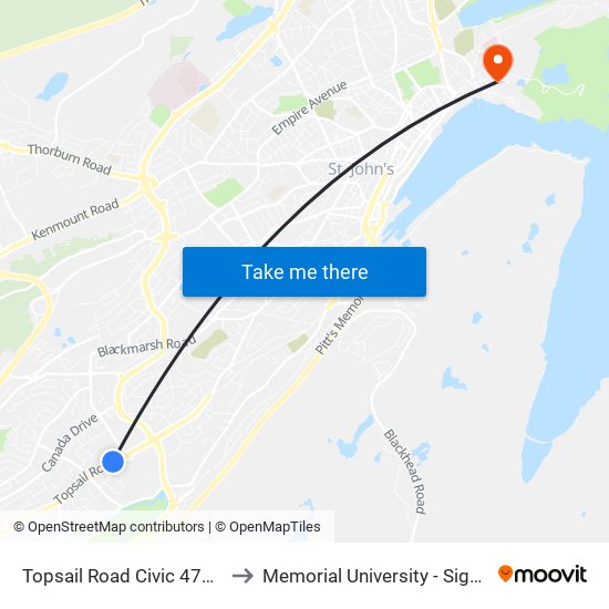 Topsail Road Civic 470 Liquor Store to Memorial University - Signal Hill Campus map