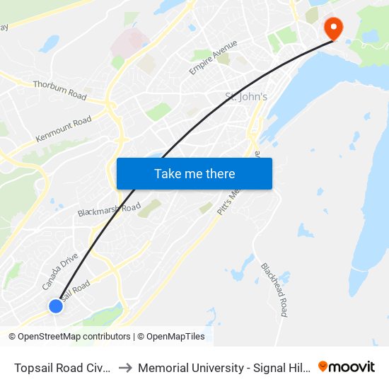 Topsail Road Civic 556 to Memorial University - Signal Hill Campus map