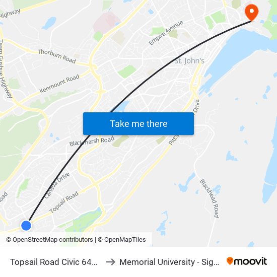 Topsail Road Civic 648 Tim Hortons to Memorial University - Signal Hill Campus map