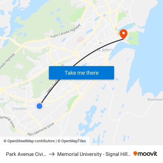 Park Avenue Civic 108 to Memorial University - Signal Hill Campus map