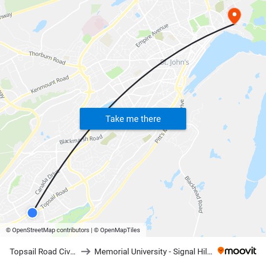 Topsail Road Civic 623 to Memorial University - Signal Hill Campus map