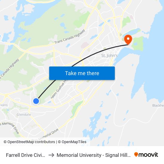 Farrell Drive Civic 116 to Memorial University - Signal Hill Campus map