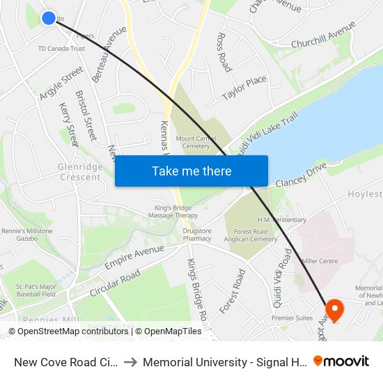 New Cove Road Civic 131 to Memorial University - Signal Hill Campus map