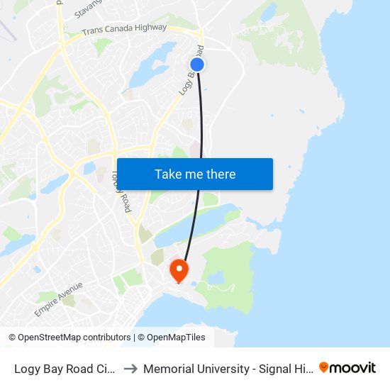 Logy Bay Road Civic 440 to Memorial University - Signal Hill Campus map