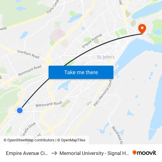 Empire Avenue Civic 722 to Memorial University - Signal Hill Campus map